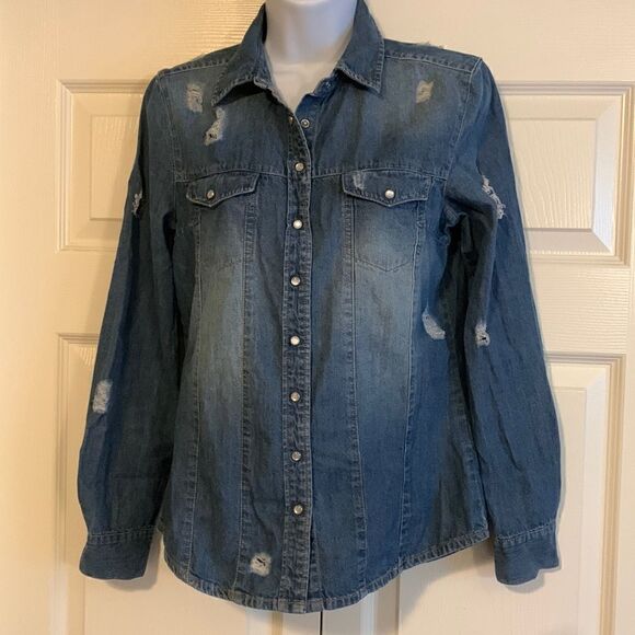 HWY JEANS, distressed denim long sleeve, small, ivory buttons w/pockets - Picture 1 of 8